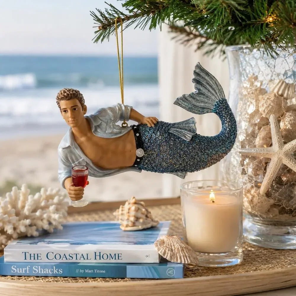 December Diamonds Triton Merman Ornament w Box Blue Silver Glitter Tail 55-90791